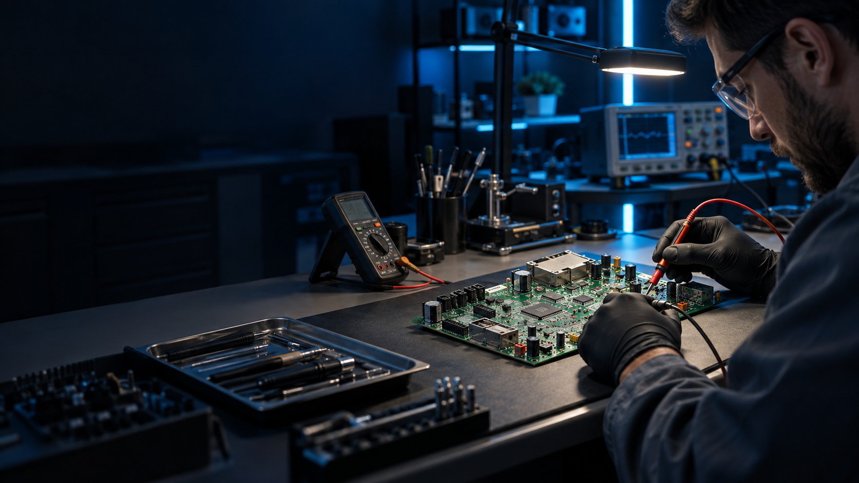 Técnico revisando una placa electrónica
